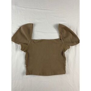 H&M Top Womens Small Brown Ribbed Square Neck Puff Sleeve Knit Blouse‎